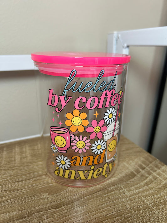 Fueled by Coffee and Anxiety 17 ounce Glass Handled Mug