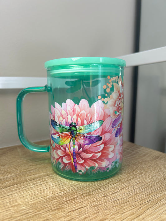 Teal Dragonflies 17 ounce Glass Handled Mug